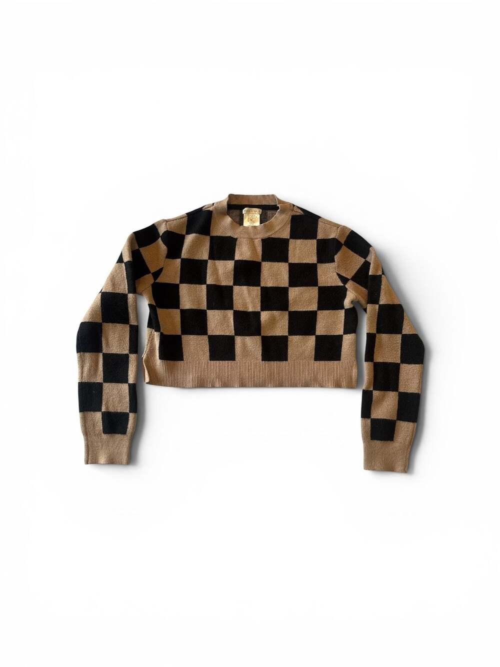 Max Studio Cropped Checkerboard Knit Crewneck Sweater